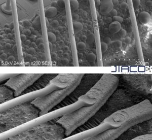 Image showing the silver wire ball bond and the stitch bond after JIACO Instruments MIP decapsulation.